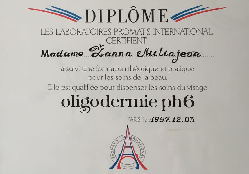Диплом. Les Laboratoires Promat’s International. oligodermie ph6. Париж, 3 декабря 1997 г.