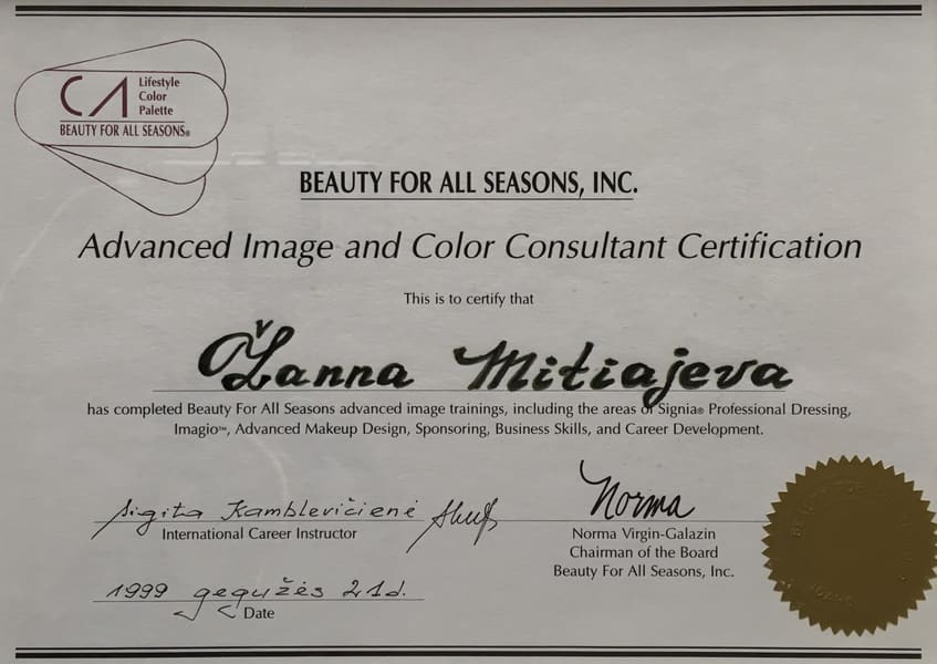 Сертификат. Beauty For All Seasons, Inc.. Advanced Image and Color Consultant Certification. 21 мая 1999 г.