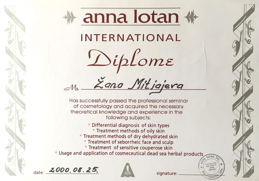 Диплом. Anna Lotan International. Professional seminar of cosmetology. 25 августа 2000 г.
