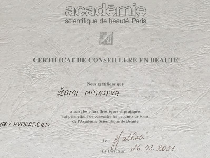 Сертификат. Académie Scientifique de Beauté. Certificat de conseillère en beauté. 26 марта 2001 г.