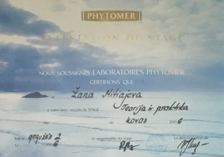 Свидетельство о стажировке. Laboratoires Phytomer. Teorija ir praktika. 2 мая 2006 г.