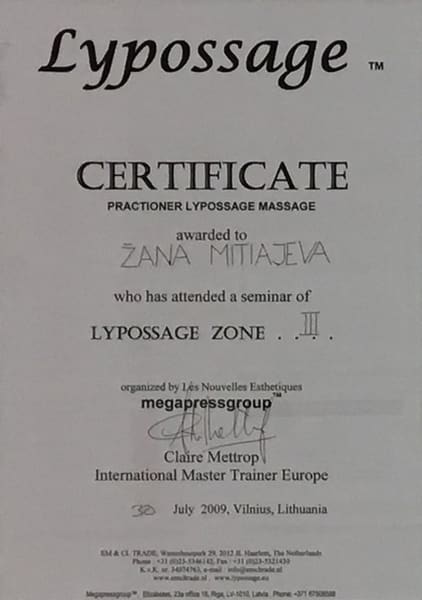 Сертификат. Les Nouvelles Esthetiques, megapressgroup. Lypossage zone III. Вильнюс, 30 июля 2009 г.