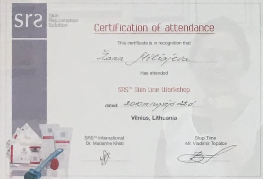 Сертификат участника. SRS International. SRS Skin Line Workshop. Вильнюс, 22 сентября 2010 г.