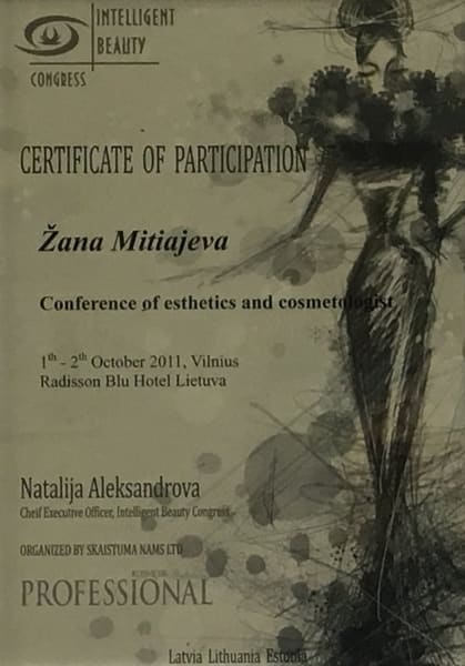 Сертификат участника. Intelligent Beauty Congress. Conference of esthetics and cosmetologist. Вильнюс, 1–2 октября 2011 г.