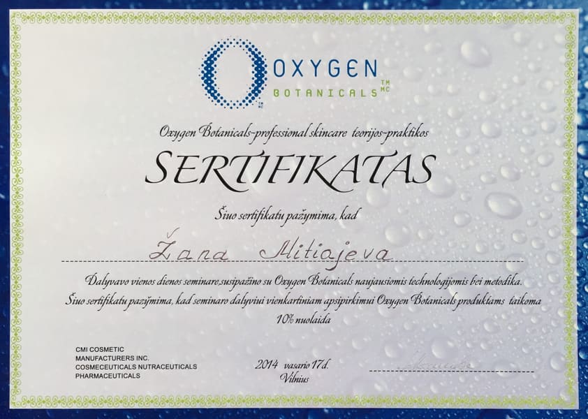 Сертификат. Oxygen Botanicals. Vienos dienos seminaras „Oxygen Botanicals – professional skincare“. Вильнюс, 17 февраля 2014 г.