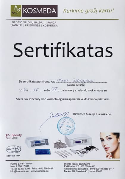 Сертификат. Kosmeda. Mokymai su „Silver Fox“ ir „Beauty Line“ kosmetologiniais aparatais veido ir kūno priežiūrai. 17 июня 2016 г.