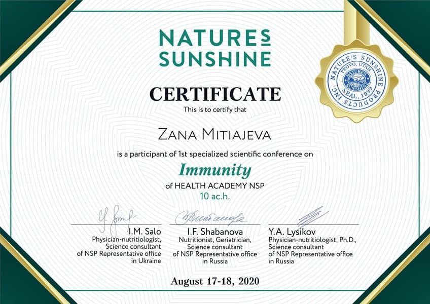 Сертификат участника. Nature’s Sunshine, Health Academy NSP. 1st specialized scientific conference on Immunity. 17–18 августа 2020 г.