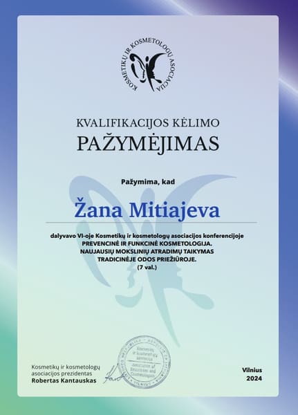 Удостоверение о повышении квалификации. Kosmetikų ir kosmetologų asociacija. VI asociacijos konferencija „Prevencinė ir funkcinė kosmetologija. Naujausių mokslinių atradimų taikymas tradicinėje odos priežiūroje“, 7 val. Вильнюс, 2024 г.