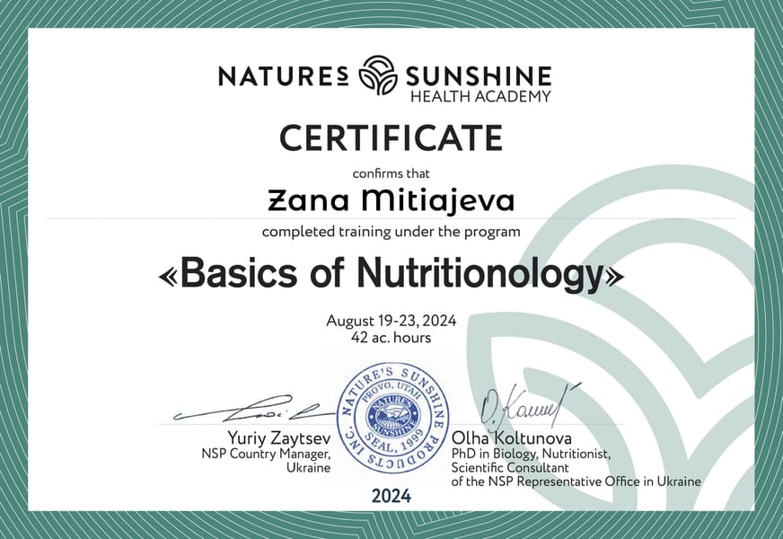 Сертификат. Nature’s Sunshine Health Academy. Basics of Nutritionology, 42 ac. hours. 19–23 августа 2024 г.
