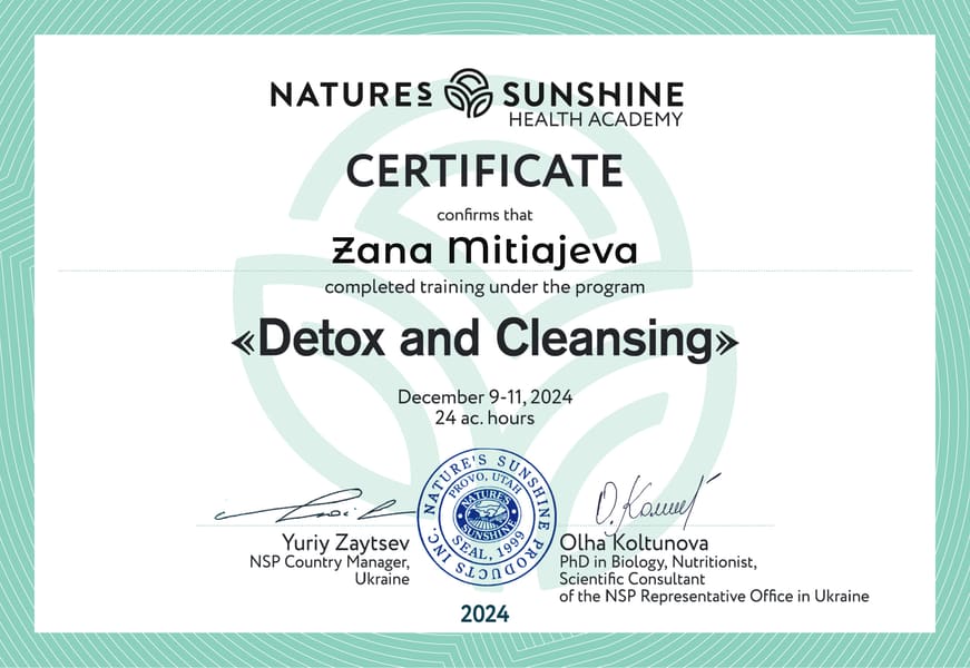 Сертификат. Nature’s Sunshine Health Academy. Detox and Cleansing, 24 ac. hours. 9–11 декабря 2024 г.