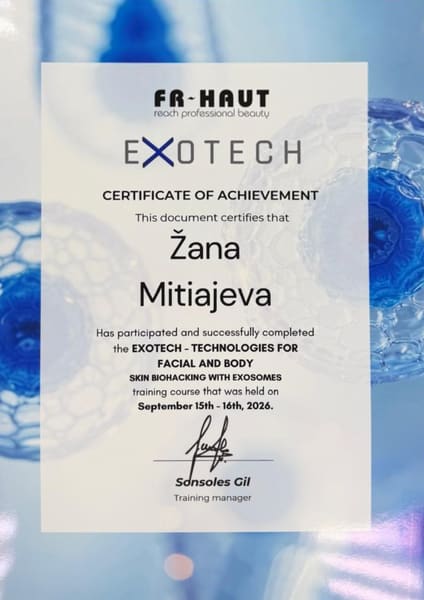 Сертификат. FR-HAUT. Exotech – Technologies for Facial and Body. Skin Biohacking with Exosomes. Мадрид, 15–16 сентября 2026 г.