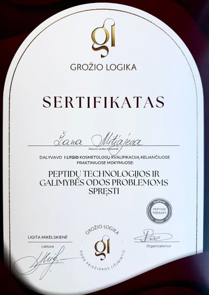 Сертификат. Grožio logika. I lygio kosmetologų kvalifikaciją keliantys praktiniai mokymai „Peptidų technologijos ir galimybės odos problemoms spręsti“. 7 мая 2026 г.