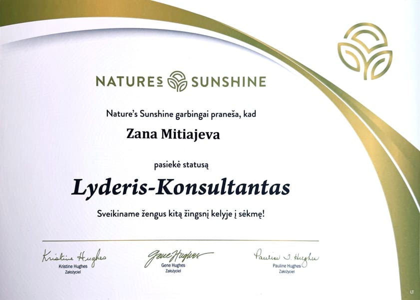 Свидетельство. Nature’s Sunshine. Pasiektas statusas „Lyderis-Konsultantas“. 2019 г.